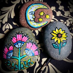 🆕 In 🔜 Celestial & Floral Hand-Painted Folk Art Large Decorative Stones